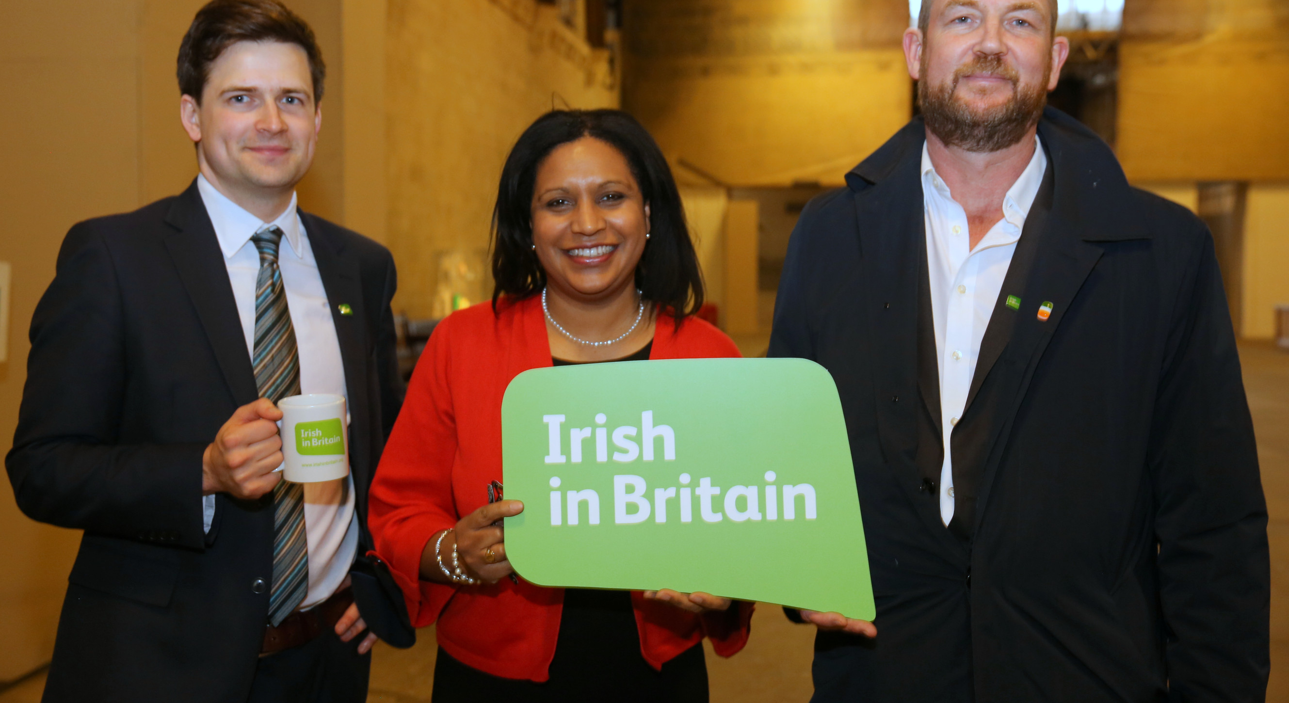 Janet Daby MP with Ruairí Cullen (left) and Brian Dalton of Irish in Britain