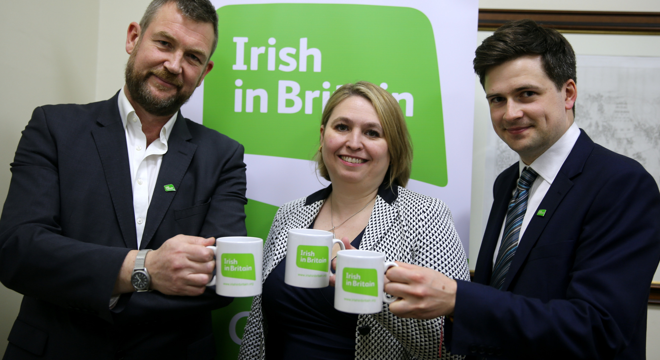 Karen Bradley MP and Secretary of State for Northern Ireland with Brian Dalton (left) and Ruairí Cullen of Irish in Britain