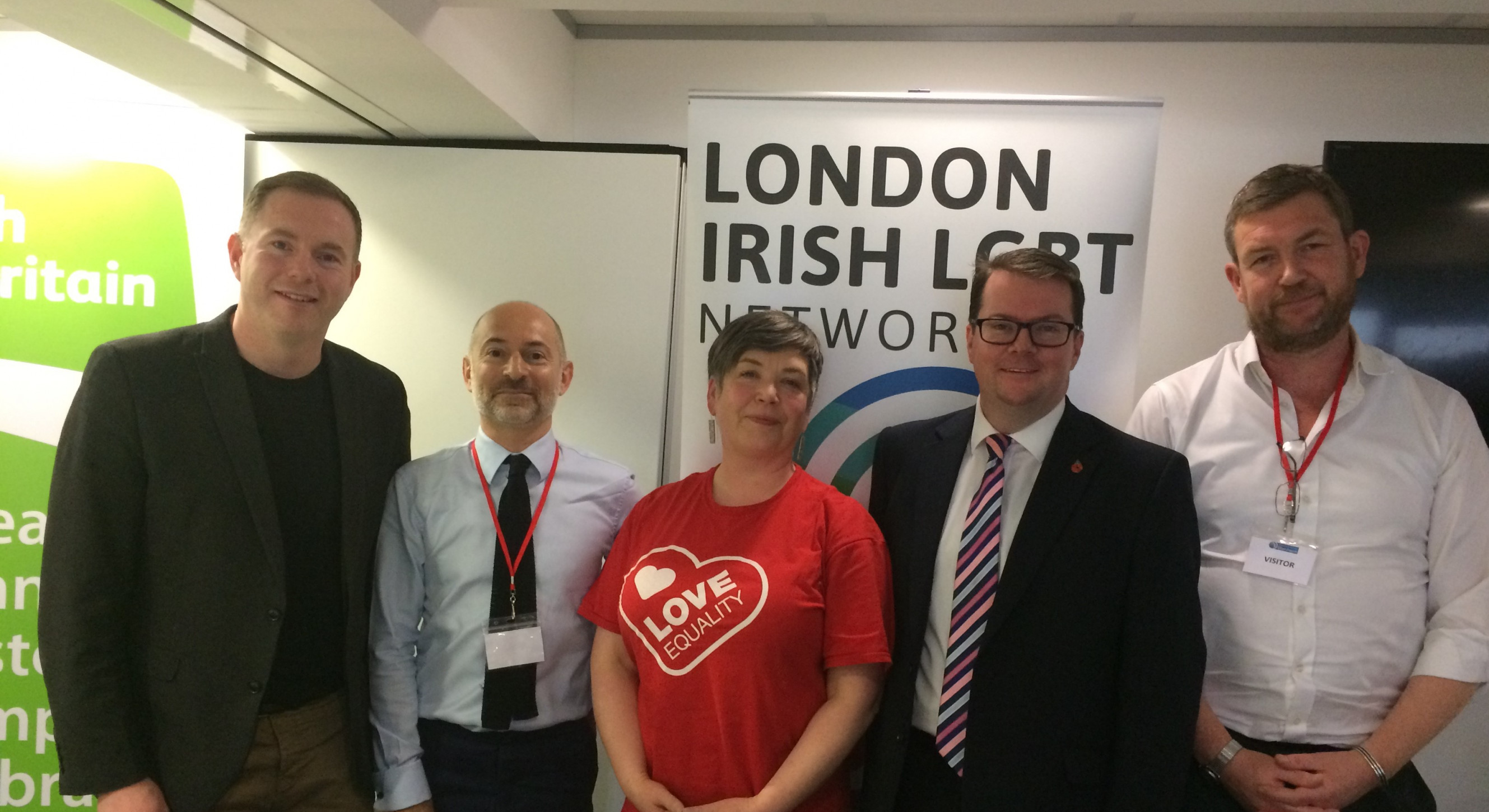 Chris Hazzard MP, Professor Daniel Monks, Clare Moore of Love Equality NI, Conor McGinn MP and Brian Dalton CEO Irish in Britain